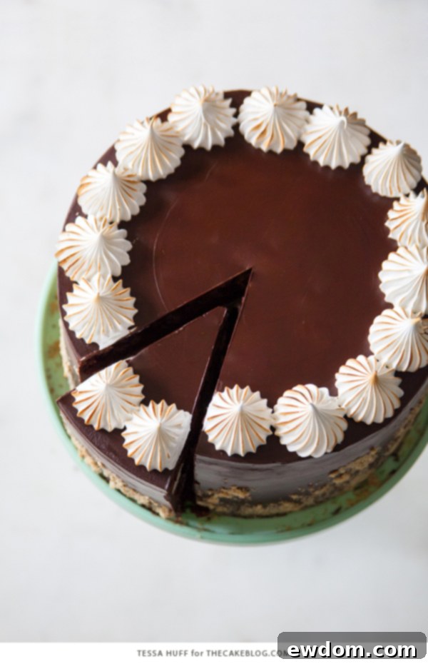 S'mores Cake - s'more inspired layer cake recipe with chocolate cake, graham cracker buttercream, chocolate ganache and toasted marshmallow meringue | by Tessa Huff for TheCakeBlog.com