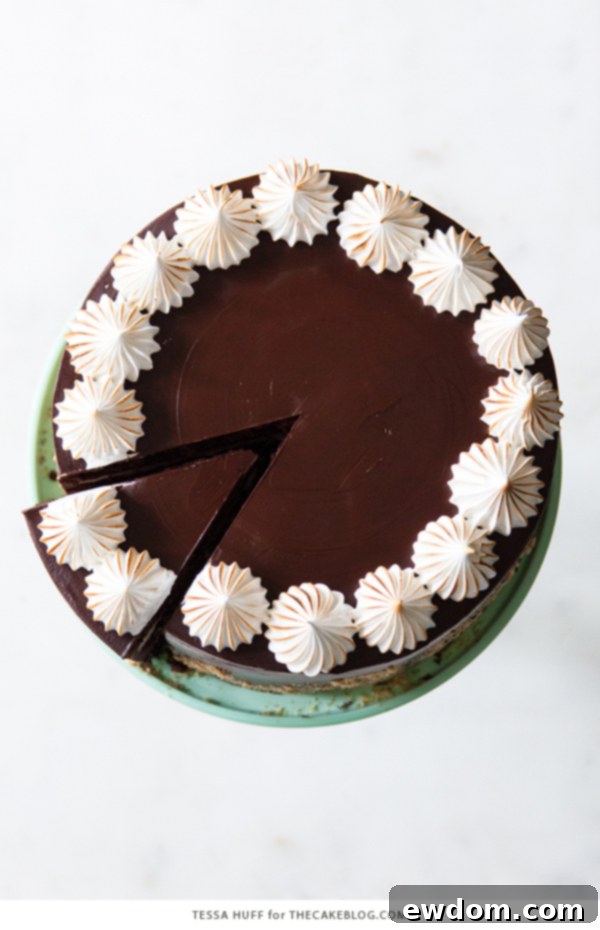 S'mores Cake - s'more inspired layer cake recipe with chocolate cake, graham cracker buttercream, chocolate ganache and toasted marshmallow meringue | by Tessa Huff for TheCakeBlog.com