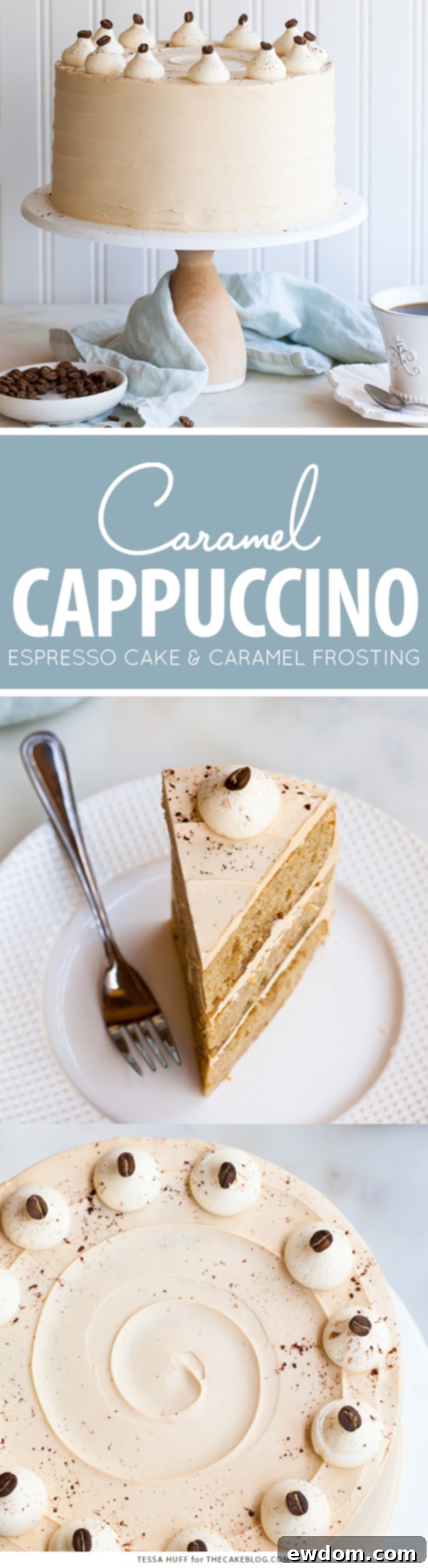 Caramel Cappuccino Cake - espresso cake paired with caramel buttercream frosting, topped with whole coffee beans and a sprinkle of cocoa powder | by Tessa Huff for TheCakeBlog.com