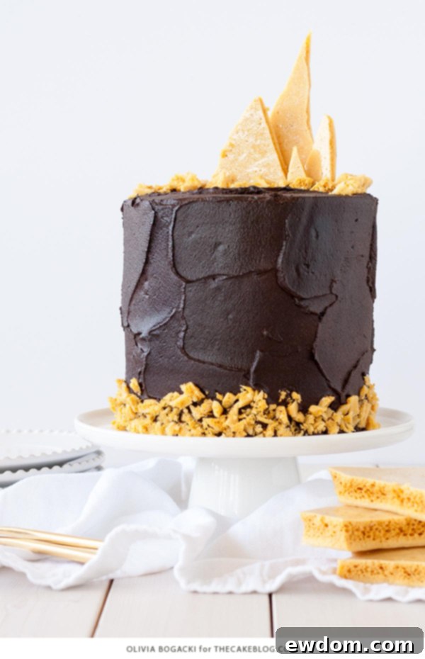 Dark Chocolate Honeycomb Cake - a rich chocolate layer cake recipe with ultra dark, fudgy frosting and homemade honeycomb | by Olivia Bogacki for TheCakeBlog.com