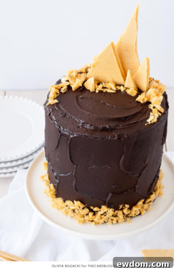 Dark Chocolate Honeycomb Cake - a rich chocolate layer cake recipe with ultra dark, fudgy frosting and homemade honeycomb | by Olivia Bogacki for TheCakeBlog.com