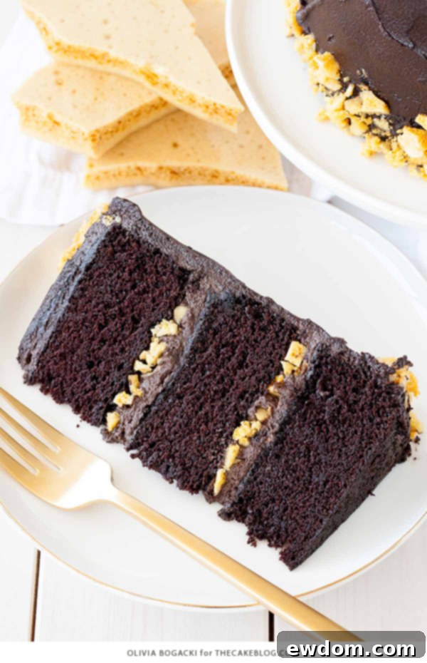 Dark Chocolate Honeycomb Cake - a rich chocolate layer cake recipe with ultra dark, fudgy frosting and homemade honeycomb | by Olivia Bogacki for TheCakeBlog.com