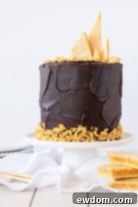 Dark Dark Chocolate Honeycomb Cake - a rich chocolate layer cake recipe with ultra dark, fudgy frosting and homemade honeycomb | by Olivia Bogacki for TheCakeBlog.com