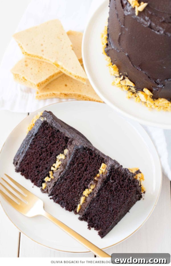 Dark Chocolate Honeycomb Cake - a rich chocolate layer cake recipe with ultra dark, fudgy frosting and homemade honeycomb | by Olivia Bogacki for TheCakeBlog.com