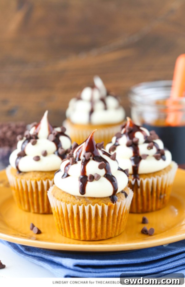 Pumpkin chocolate chip cupcake batter mixed with chocolate chips in a mixing bowl