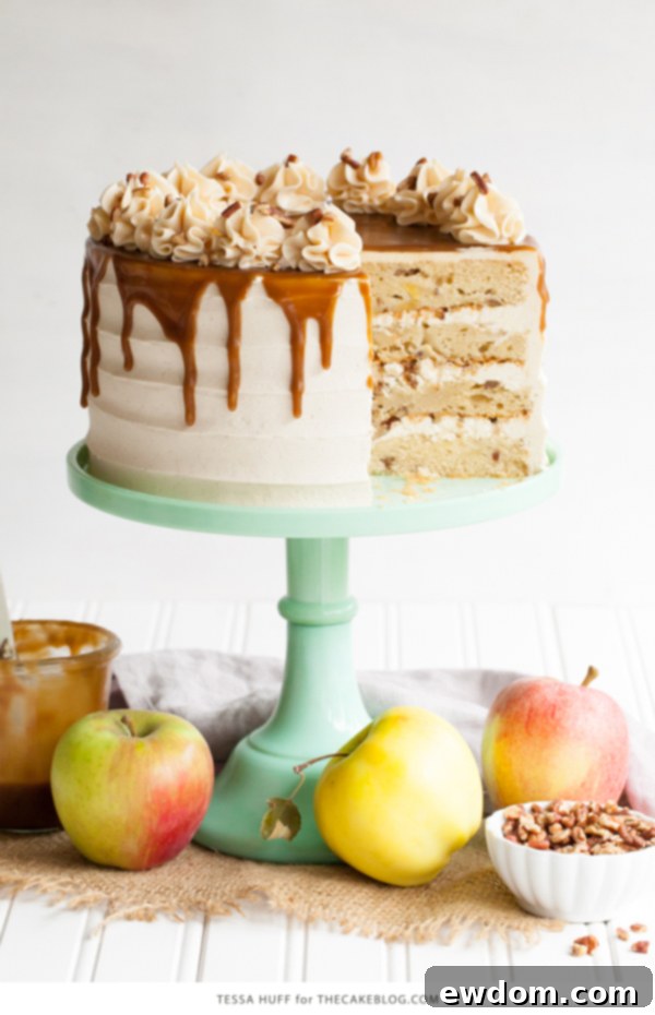 Apple Toffee Crunch Cake - fresh apple cake with crunchy pecans, cinnamon buttercream and a toffee sauce drip | by Tessa Huff for TheCakeBlog.com