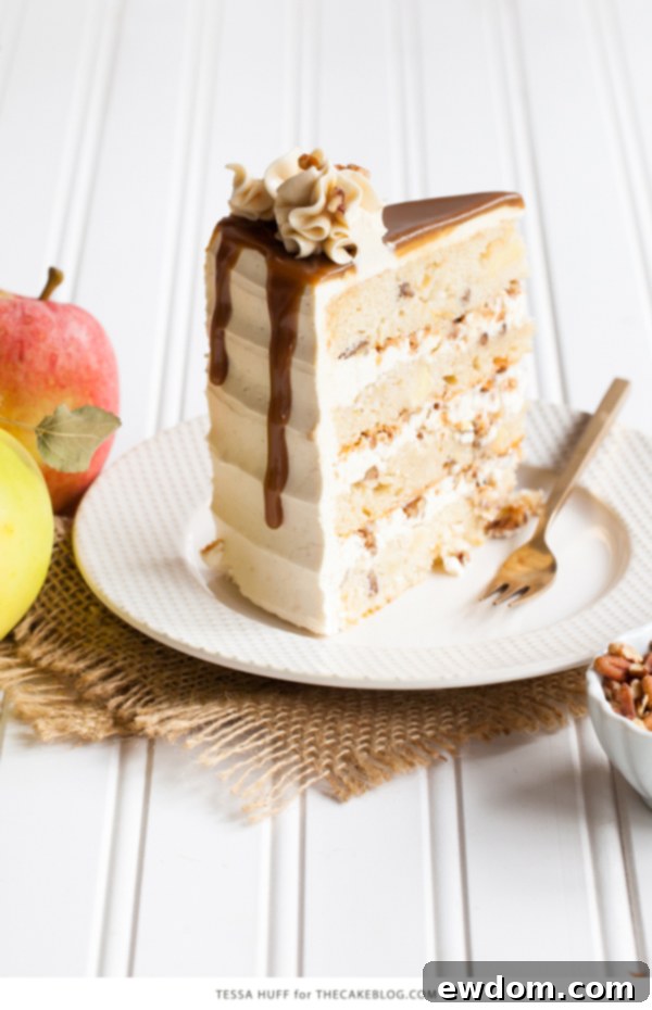 Apple Toffee Crunch Cake - fresh apple cake with crunchy pecans, cinnamon buttercream and a toffee sauce drip | by Tessa Huff for TheCakeBlog.com