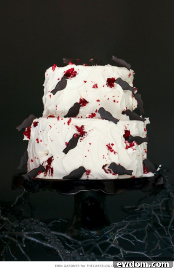 Grand display of the two-tier Black Crow Halloween cake, ready for a party