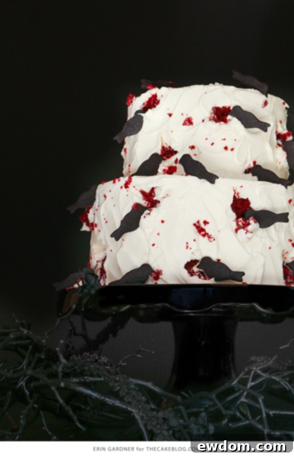 Close-up of a two-tier red velvet cake with black bird cookies and frosting pecked away