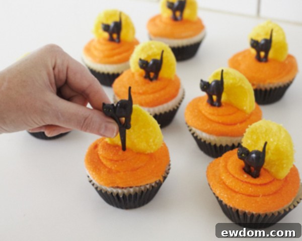 Placing a Black Cat Pick in Front of a Candy Moon on a Cupcake