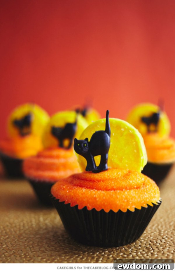 Up Close View of a Black Cat Cupcake with Sparkly Orange Frosting and Yellow Moon