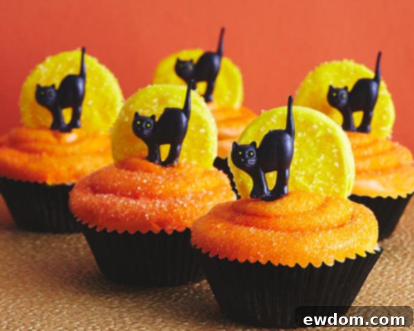 Array of Finished Black Cat Halloween Cupcakes on a Tray