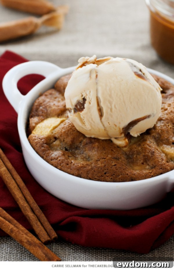 Individual servings of warm apple cake with creamy salted caramel gelato