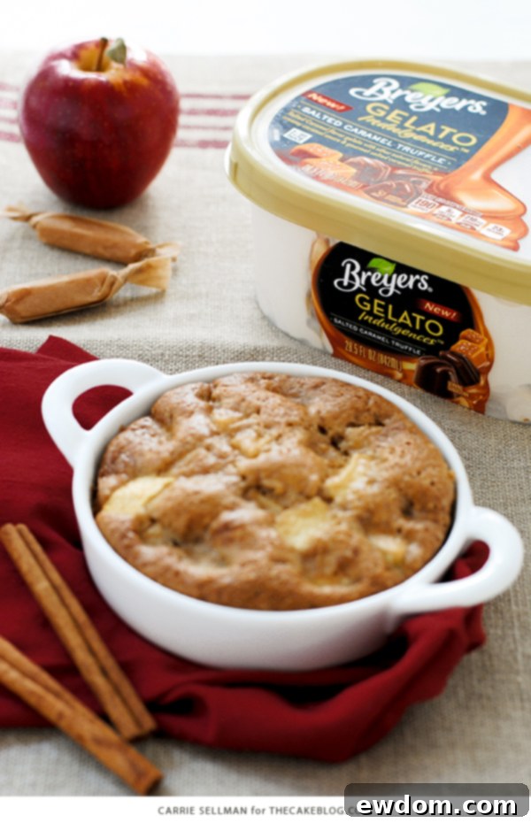 Breyers Salted Caramel Truffle Gelato Indulgences melting on warm apple cake