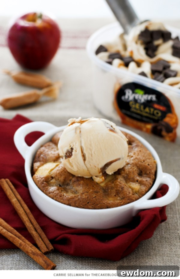 Scoop of Breyers Salted Caramel Truffle Gelato on warm apple cake