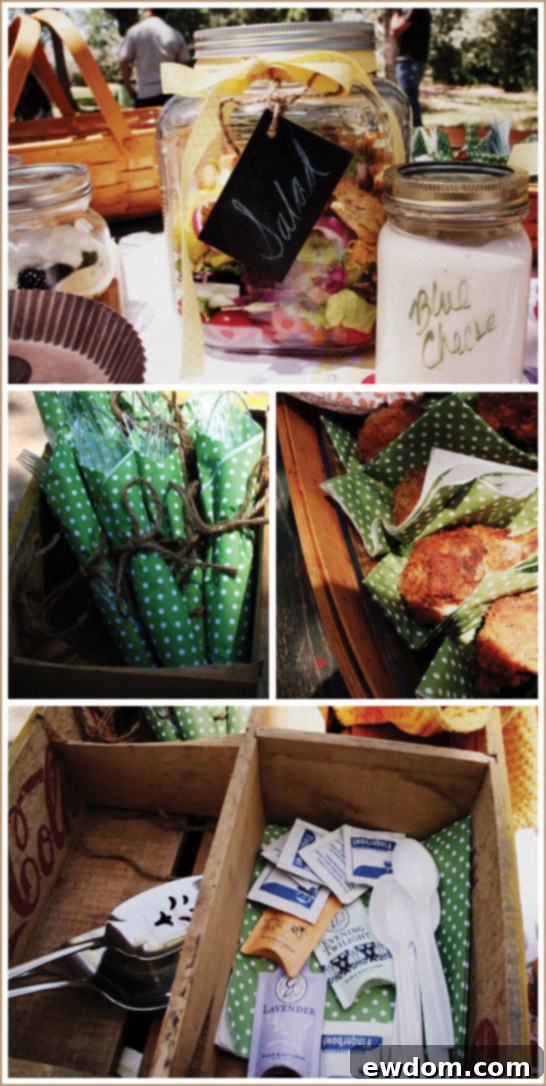 Close-up of vintage picnic food in glass jars and rustic decor