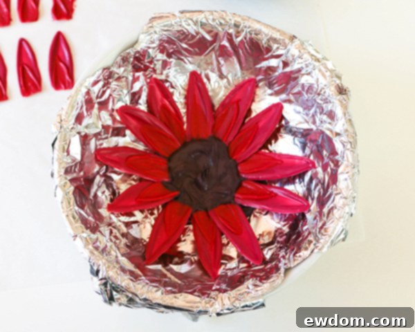 First layer of chocolate sunflower petals completed in a round arrangement