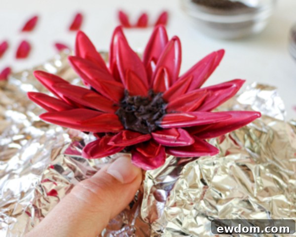 Detailed view of two layers of chocolate petals forming a giant sunflower