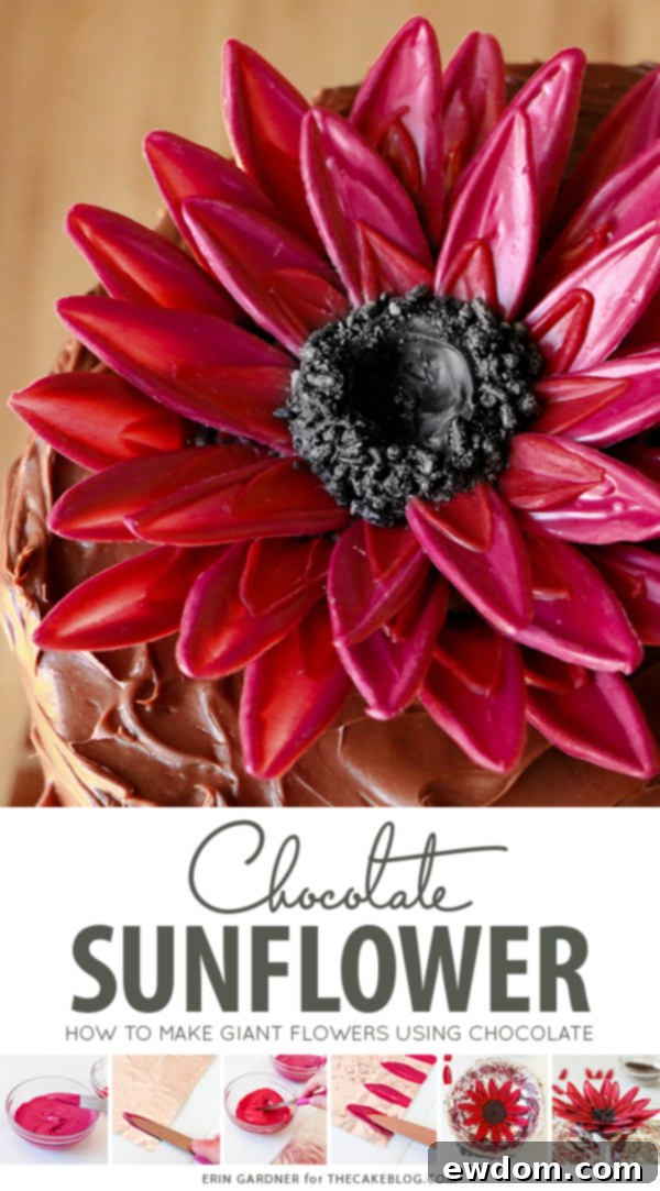 Large chocolate sunflower cake with purple and red petals, showcasing edible art