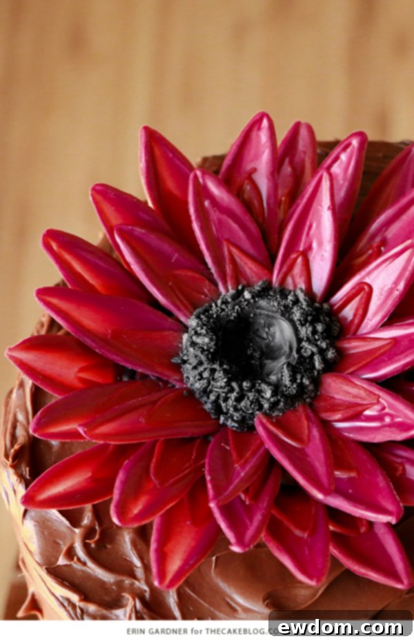 Artistic shot of the chocolate sunflower cake from a different angle, highlighting vibrant colors
