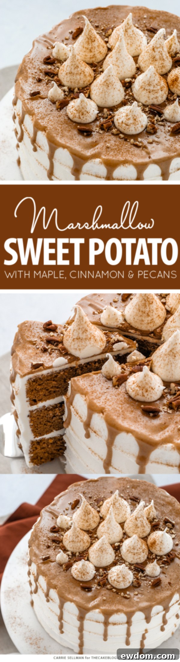 Sweet Potato Cake with marshmallow frosting, drippy maple glaze, chopped pecans and cinnamon | by Carrie Sellman for TheCakeBlog.com