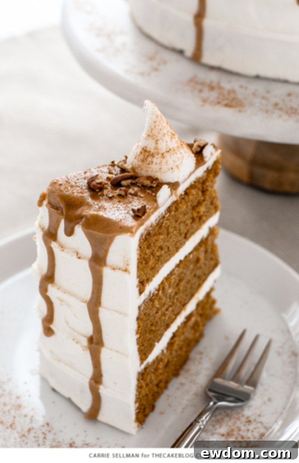 Sweet Potato Cake with marshmallow frosting, drippy maple glaze, chopped pecans and cinnamon | by Carrie Sellman for TheCakeBlog.com