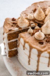 Sweet Potato Cake with marshmallow frosting, maple drip glaze, pecans and cinnamon | by Carrie Sellman for TheCakeBlog.com