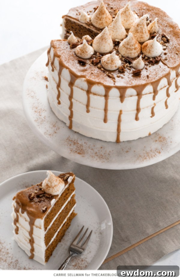 Sweet Potato Cake with marshmallow frosting, drippy maple glaze, chopped pecans and cinnamon | by Carrie Sellman for TheCakeBlog.com
