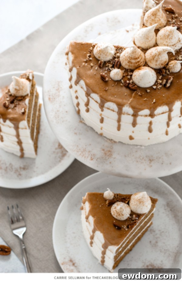 Sweet Potato Cake with marshmallow frosting, drippy maple glaze, chopped pecans and cinnamon | by Carrie Sellman for TheCakeBlog.com