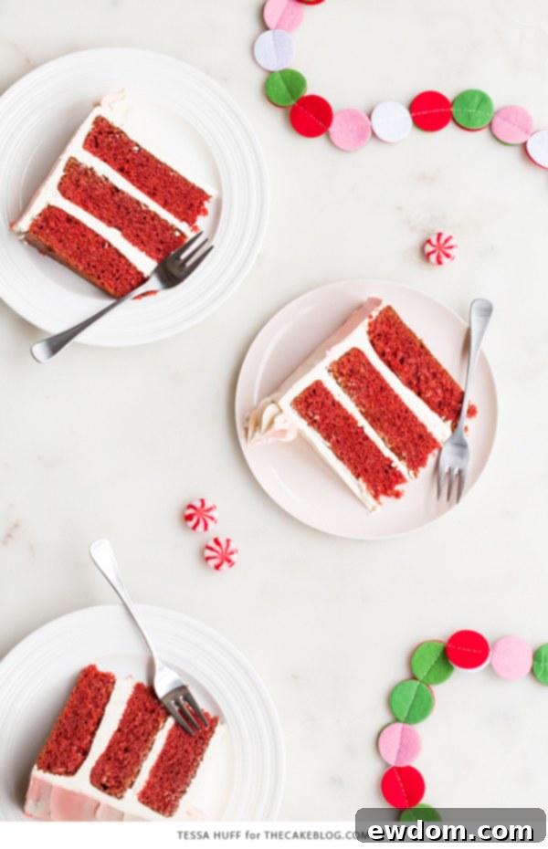 Peppermint Red Velvet Cake adorned with swirling pink accents and shimmering sugar pearls, ready for a festive celebration