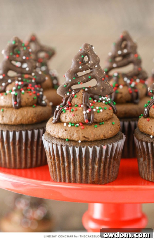 Chocolate Pretzel Cupcakes - close-up of a salty sweet holiday cupcake