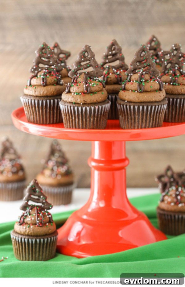 Chocolate Pretzel Cupcakes - side view with festive sprinkles