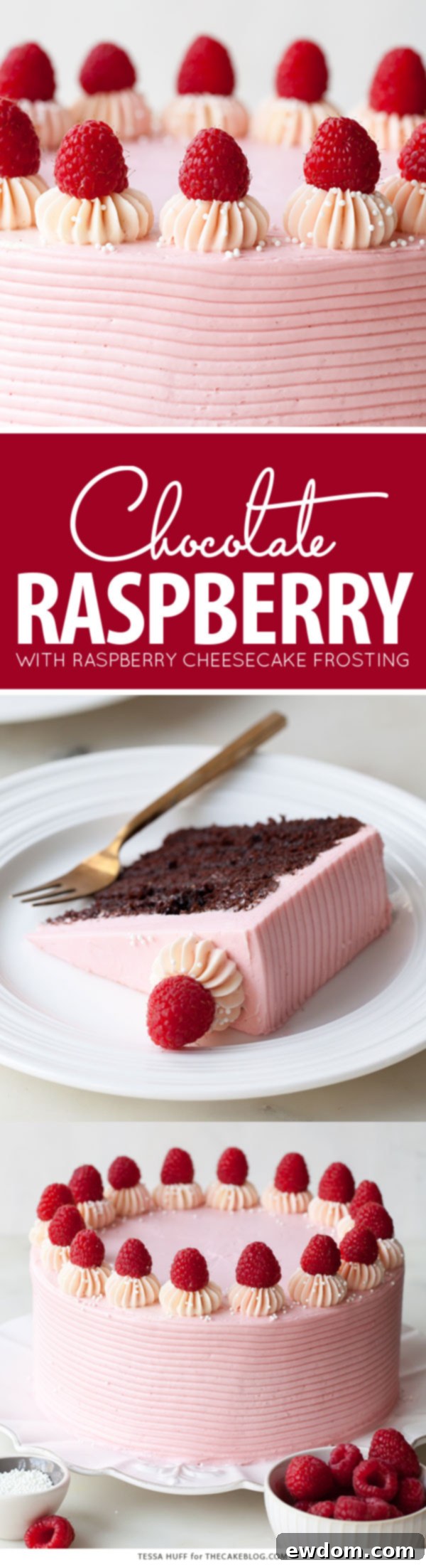 Chocolate Raspberry Cake - moist chocolate cake layered with raspberry jam, topped with raspberry cheesecake frosting and fresh red raspberries | by Tessa Huff for TheCakeBlog.com