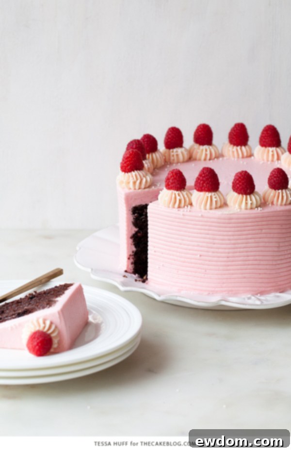 Chocolate Raspberry Cake - moist chocolate cake layered with raspberry jam, topped with raspberry cheesecake frosting and fresh red raspberries | by Tessa Huff for TheCakeBlog.com