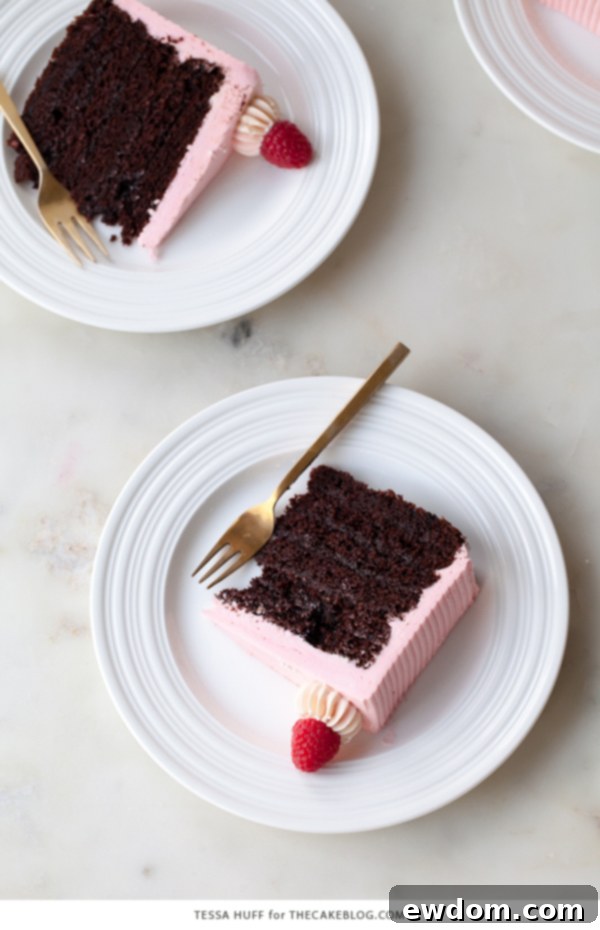 Chocolate Raspberry Cake - moist chocolate cake layered with raspberry jam, topped with raspberry cheesecake frosting and fresh red raspberries | by Tessa Huff for TheCakeBlog.com