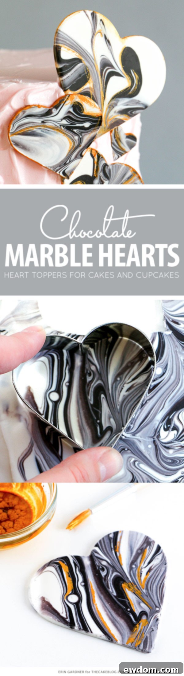Marbled Chocolate Heart Cake Toppers - A comprehensive guide by Erin Gardner for TheCakeBlog.com, showcasing beautiful chocolate decorations for desserts.