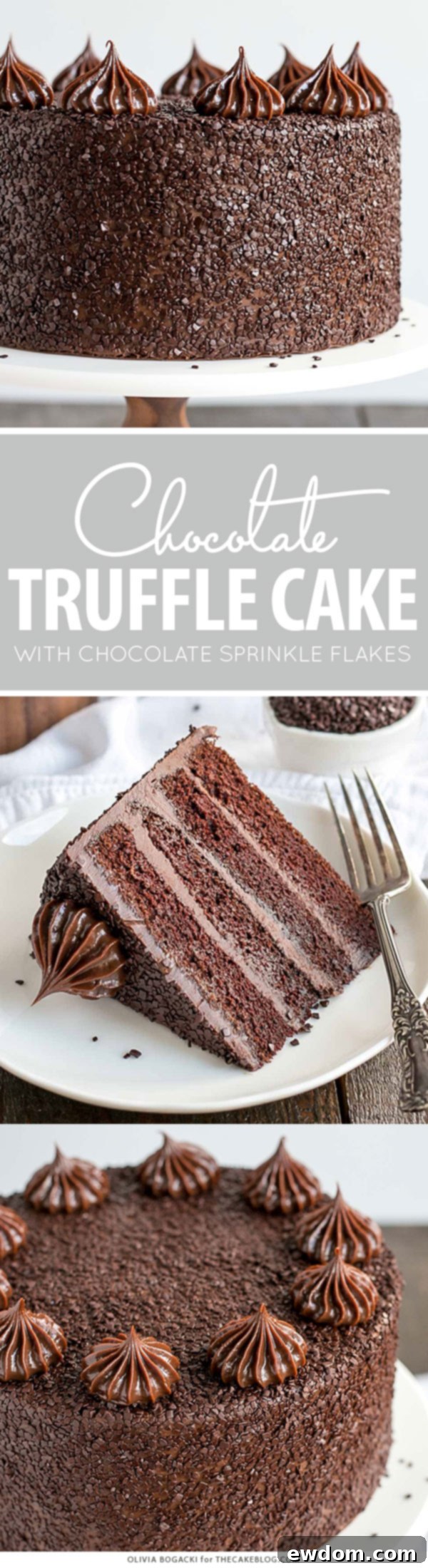 Chocolate Truffle Cake - a chocolate layer cake recipe with dense, moist chocolate cake, silky chocolate truffle frosting and chocolate flakes | by Olivia Bogacki for TheCakeBlog.com