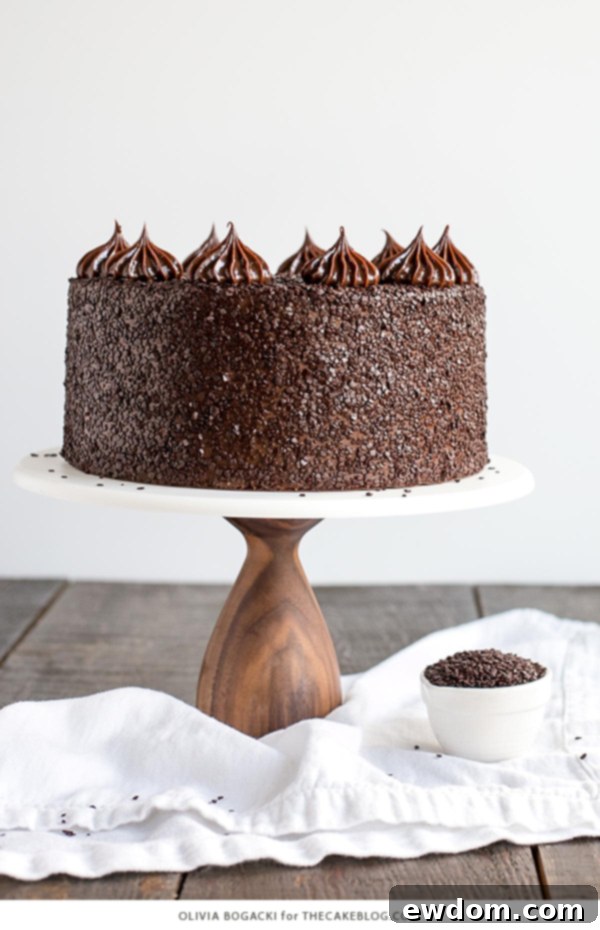 Chocolate Truffle Cake - a chocolate layer cake recipe with dense, moist chocolate cake, silky chocolate truffle frosting and chocolate flakes | by Olivia Bogacki for TheCakeBlog.com