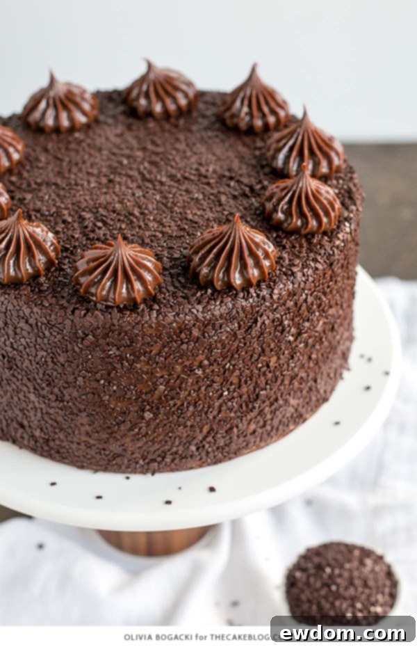 Chocolate Truffle Cake - a chocolate layer cake recipe with dense, moist chocolate cake, silky chocolate truffle frosting and chocolate flakes | by Olivia Bogacki for TheCakeBlog.com