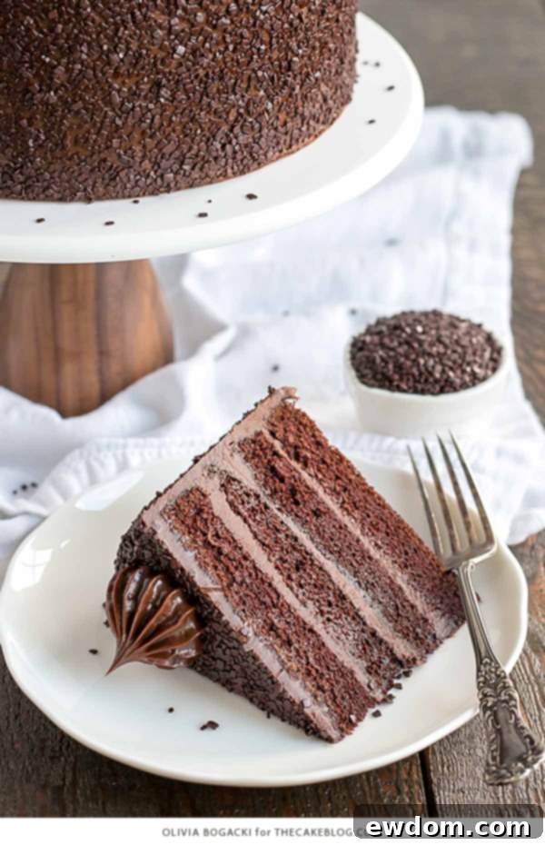 Chocolate Truffle Cake - a chocolate layer cake recipe with dense, moist chocolate cake, silky chocolate truffle frosting and chocolate flakes | by Olivia Bogacki for TheCakeBlog.com