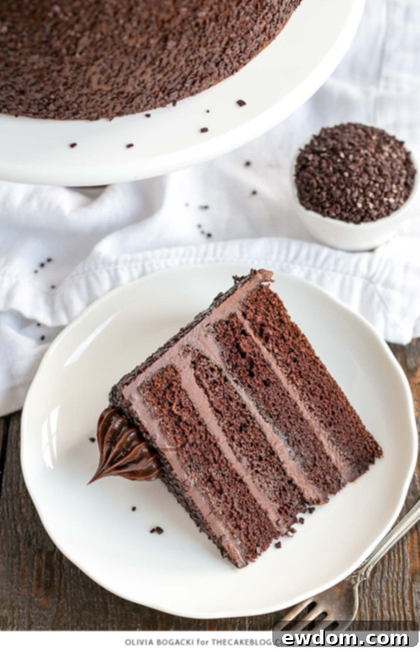 Chocolate Truffle Cake - a chocolate layer cake recipe with dense, moist chocolate cake, silky chocolate truffle frosting and chocolate flakes | by Olivia Bogacki for TheCakeBlog.com