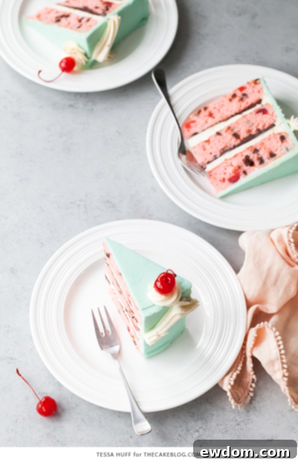 Detailed shot of the Cherry Chip Cake's beautiful blue frosting and elegant white piping