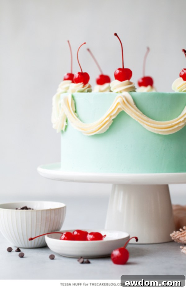 Cherry Chip Cake - a vibrant maraschino cherry cake with chocolate chips, chocolate ganache, and vanilla buttercream, by Tessa Huff
