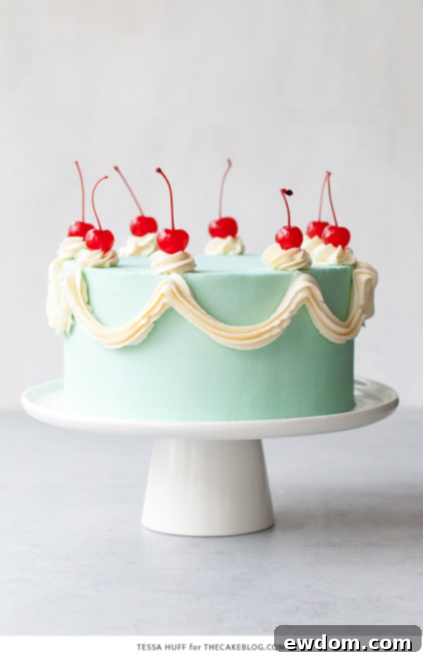 Close-up of Cherry Chip Cake slice showing pink cake, cherries, chocolate chips, and ganache layer