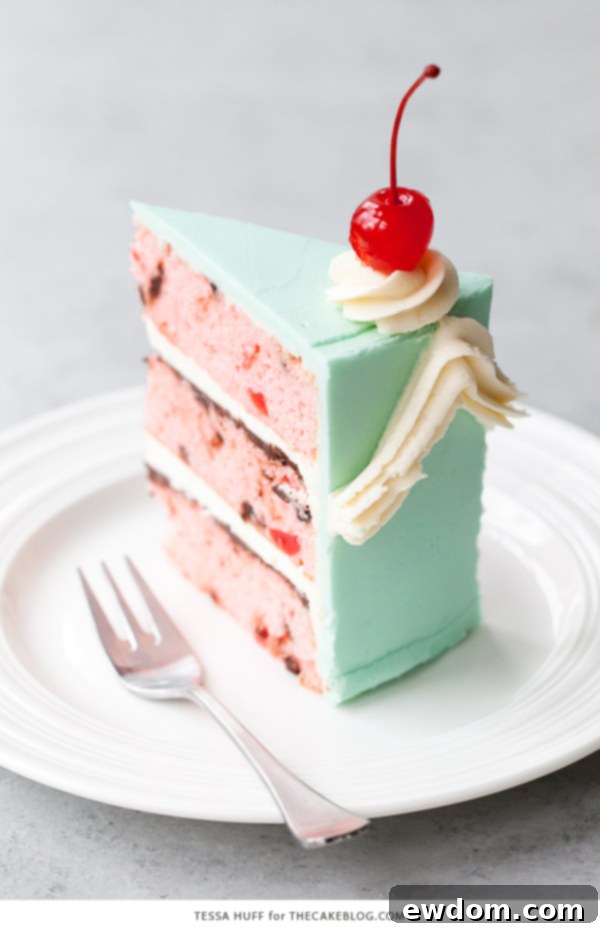 Overhead shot of Cherry Chip Cake displaying its beautiful blue frosting and cherry accents