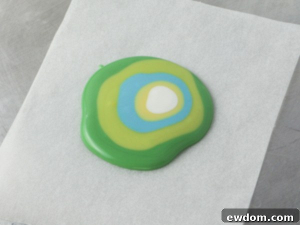 Groovy Polka Dot Cake 12 Tapping cookie sheet to spread and finalize mod chocolate dots