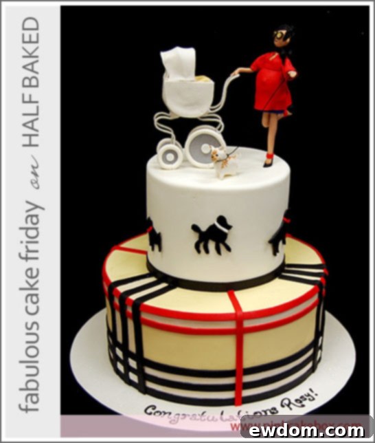 Pregnant Mom Baby Shower Cake for the Modern Mom by Pink Cake Box Pregnant Mom Baby Shower Cake with Burberry-inspired pattern, dog silhouettes, and fashionista topper by Pink Cake Box