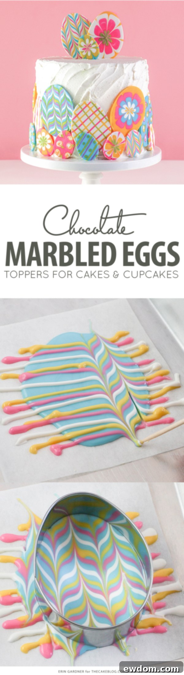 Elegant Swirl Easter Chocolates 2 Marbled Chocolate Easter Eggs - How to create beautiful, easy, and delicious chocolate toppers for cakes and cupcakes using coating chocolate and cookie cutters. A tutorial by Erin Gardner for TheCakeBlog.com.