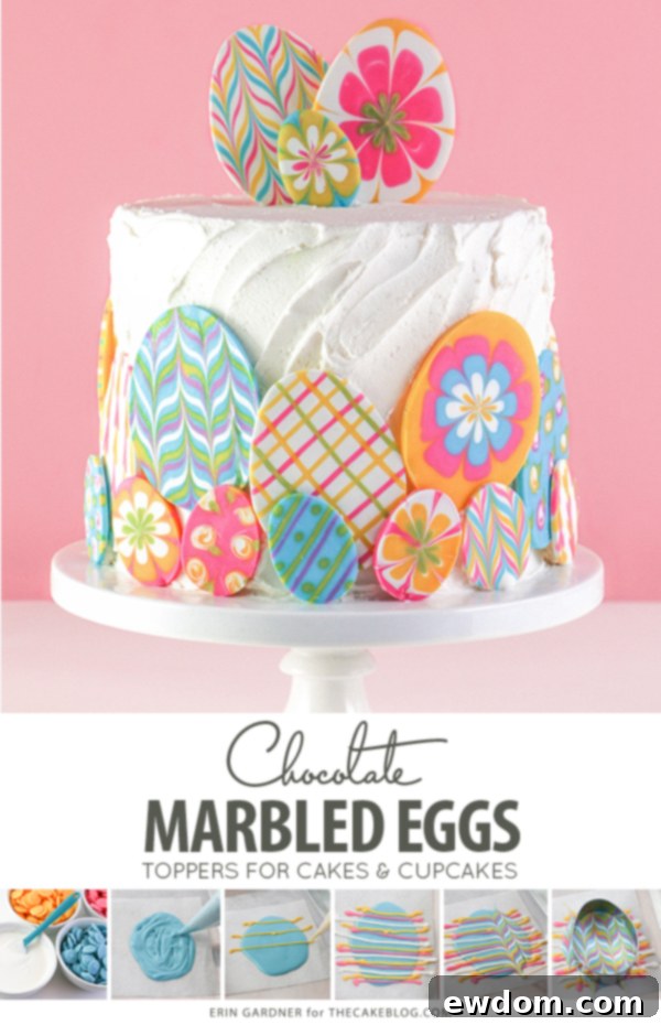 Elegant Swirl Easter Chocolates 3 Close-up of vibrant marbled chocolate Easter egg toppers, ready to adorn your spring cakes and cupcakes. Learn this easy technique today!