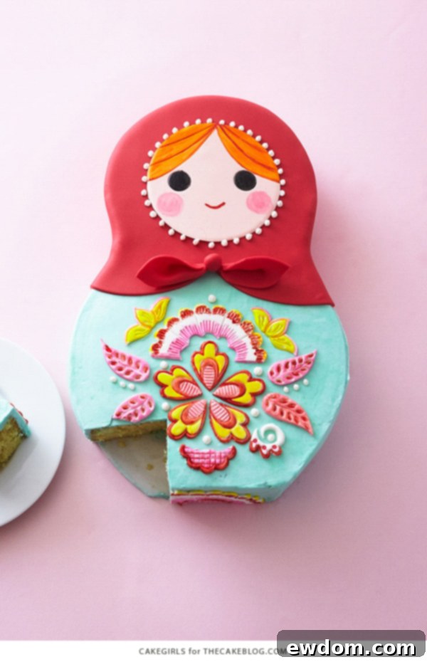 Matryoshka Magic Cake 7 Detailed shot of the Russian nesting doll cake, showcasing the intricate floral applique and hand-painted watercolor effects. Cake by Cakegirls.
